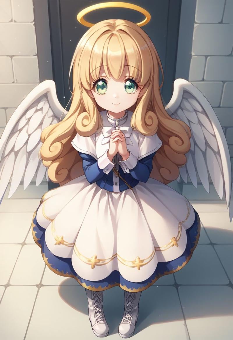 score_9, score_8_up, score_7_up, source_anime, highly detailed, 1girl, solo, cute,poporon, 1girl, blonde hair, solo, halo, angel, wings, green eyes, long hair, angel wings,own hands clasped, full body, boots, own hands together, dress,