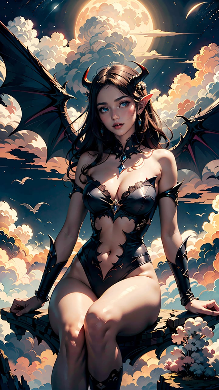 (best quality, masterpiece, colorful, dynamic angle, highest detailed), alluring succubus, ethereal beauty, perched on a cloud, (fantasy illustration:1.3), enchanting gaze, captivating pose, delicatewings, otherworldly charm, mystical sky, moonlit night, soft colors, (detailed cloudscape:1.3), (high-resolution:1.2)