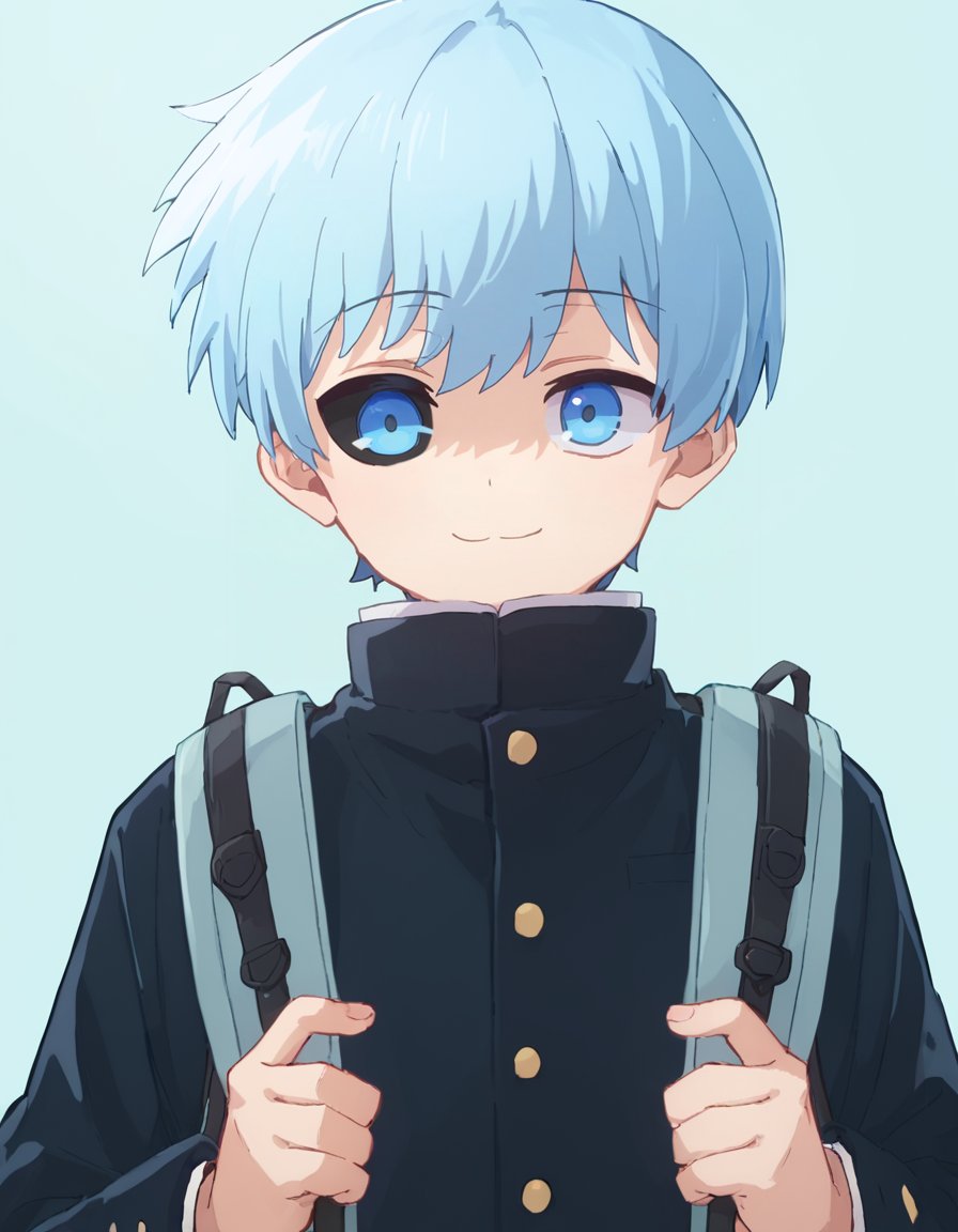 zPDXL,<lora:Nanao:1>,nanao,solo,1boy,male focus,blue eyes,smile,looking at viewer,backpack,(mismatched sclera:1.2),(black sclera:0.5),colored sclera,school uniform,closed mouth,bag,upper body,gakuran,