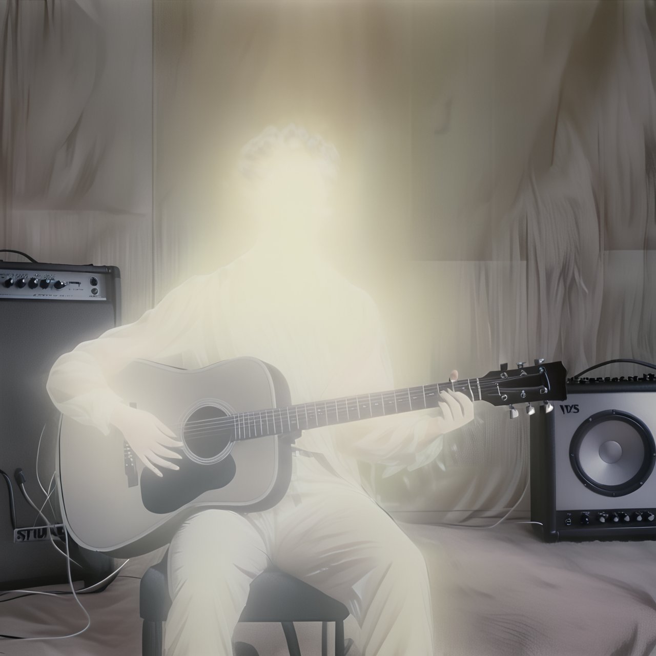 lghtshft_lora, glowing, 1male, playing guitar, sitting, close up, on music studio, dark, VHS, <lora:lightshift_lora:1.75>