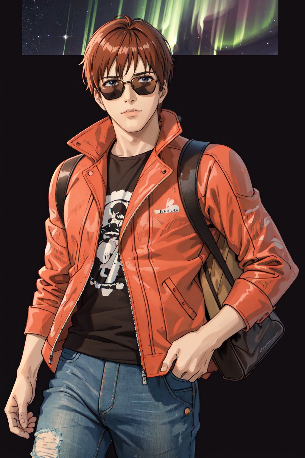 (masterpiece, best quality, highres, ultra-detailed),(beautiful and aesthetic:1.2), 1man, adult, male focus, reddish brown hair, black eyes, handsome, detailed eyes and face, male body,  male body, Wearilng Leather jacket, Graphic print t-shirt, Slim-fit jeans, Sneakers, Backpack, Sunglasses , mesmerizing display of the northern or southern lights painting the sky with vibrant hues, edge lighting <lora:Hyulik:0.6>