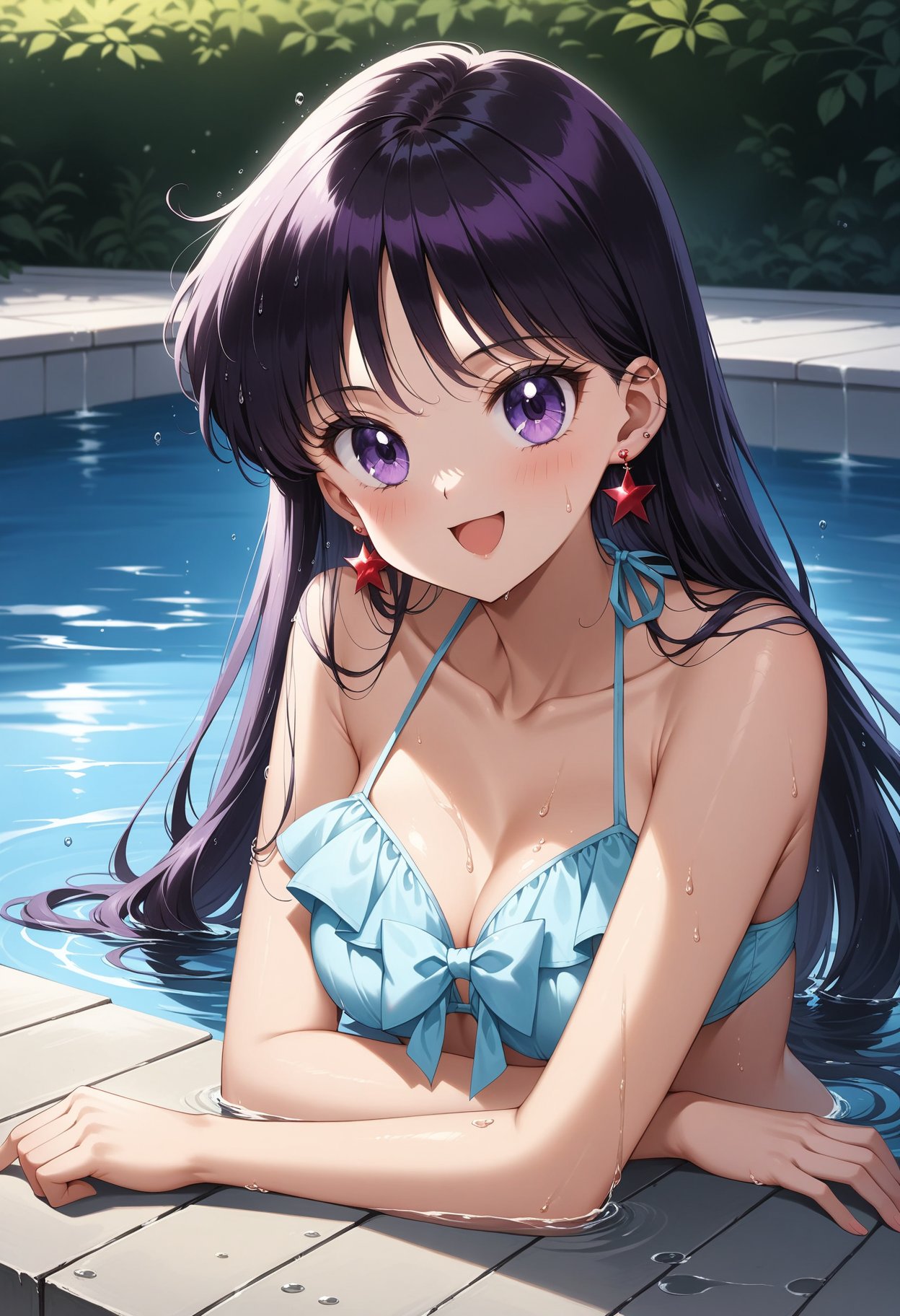 (masterpiece, best quality, very aesthetic, ultra detailed), intricate details, 4k, aamars, long hair, black hair, earrings, <lora:sailor_mars_animaginexl_v1:0.9>, frilled bikini, poolside, wet, partially submerged, water, smile, open mouth, upper body, arm rest, 