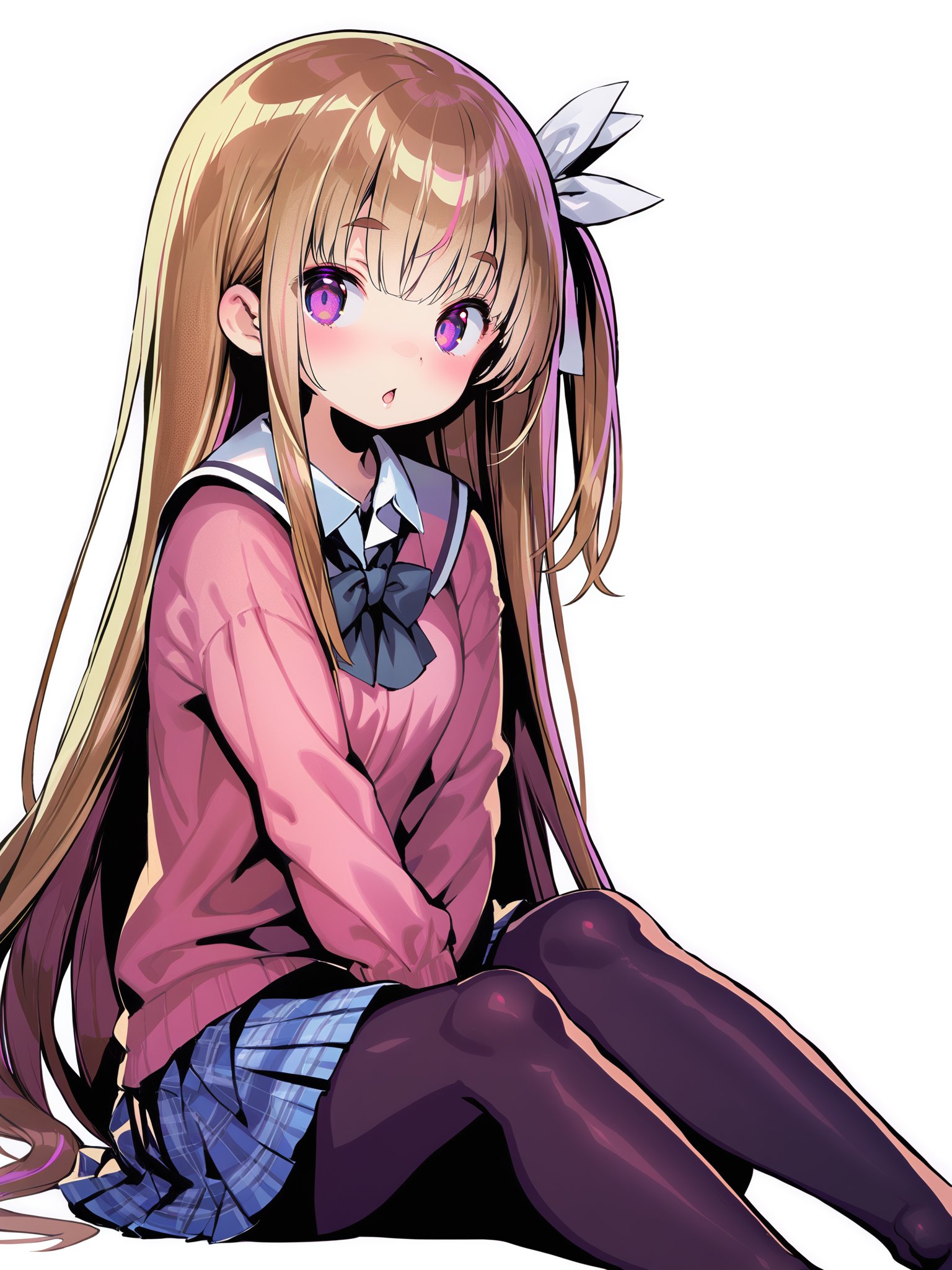 <lora:xl_dohna dohna(kohaku_delta)-000005:1>,dohna dohna style,1girl,solo,skirt,long hair,black legwear,brown hair,purple eyes,pleated skirt,sitting,ribbon,bow,blush,eyebrows visible through hair,looking at viewer,sleeves past wrists,hair ribbon,white shirt,long sleeves,shirt,bangs,parted lips,collared shirt,sweater,:o,white background,between legs,white ribbon,hand between legs,blue skirt,kneehighs,no shoes,red bow,school uniform,very long hair,soles,pink sweater,pink cardigan,, masterpiece, best quality,