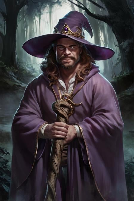 score_9, score_8_up, score_7_up, rating_safe, concept art, digital art, realistic, 1boy, solo, male focus, mature male, wizard, long hair, brown hair, black eyes, looking at viewer, hat, facial hair, beard, mustache, staff, wizard hat, purple hat, shirt, collared shirt, robe, purple robe, cloak, holding, holding staff, upper body, standing, outdoors, forest, nature, tree, fog, dark background <lora:Concept Art Brush Style LoRA_Pony XL v6:1>