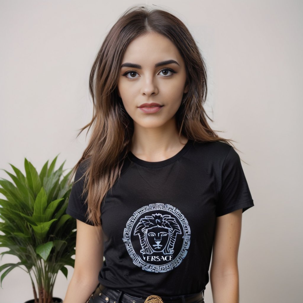 a photo of a woman wearing a plain black t-shirt, where the t-shirt is fully visible, with a white wall in the background and a decorative plant,Versace girl model, <lora:renny2-000006:1> renny the insta girl