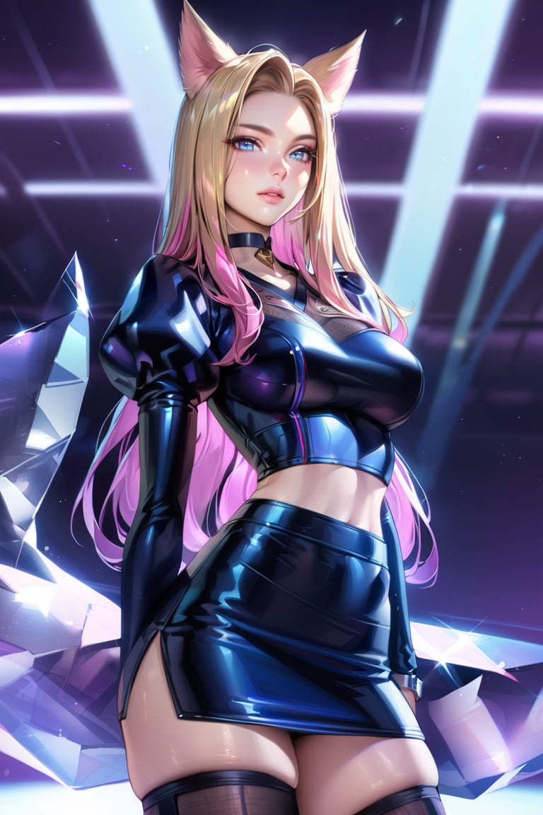 (Masterpiece), mature, HDR,UHD,8K, best quality, Highly detailed, physically-based rendering, extreme detail description, perfect skin, shiny skin, shiny hair,perfect face, 1girl, baddest, blonde hair, blue eyes, pink hair, crop top, high thighighs, multicolored hair, mini skirt, facial mark, animal ears, tail, choker,Ahri, black top, K/DA Ahri, long sleevs, black skirt ,LeagueOfLegendsAhri, long hair, puffy sleeves, crystal, black thighighs, juliet sleeves, whisker markings,ahri, stockings, high stocking<lora:EMS-388761-EMS:0.100000>, <lora:EMS-418655-EMS:0.800000>, <lora:EMS-335737-EMS:0.600000>