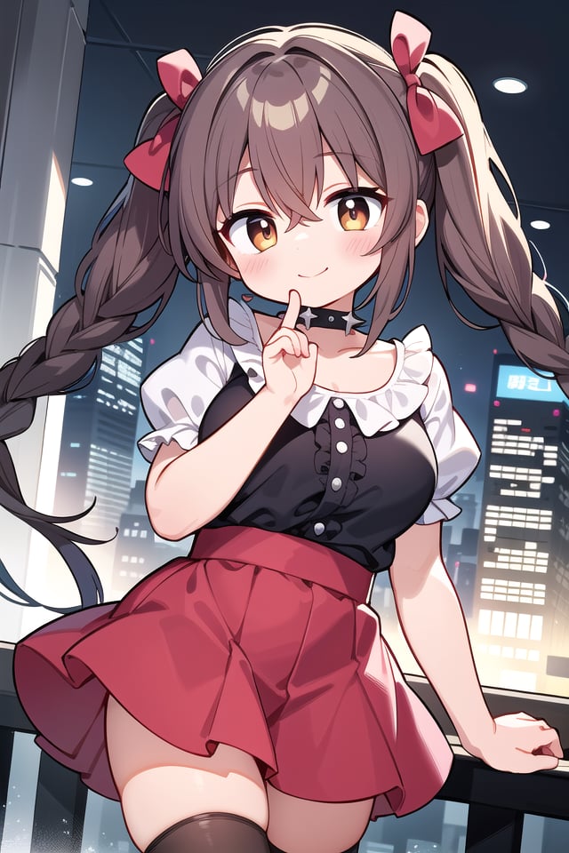 insanely detailed, absurdres, ultra-highres, ultra-detailed, best quality,1girl, solo, nice hands, perfect handsBREAKjirai kei,thighhighs, skirt, twintails, pink skirt, collar, bow, black thighhighs, black bow, long hair, pink bow, hair bow, spiked collar, (nsfw:-1.5)BREAKhappy smile, laugh, closed mouthBREAK,standing, cowboy shot, looking at viewerBREAKslender, kawaii, perfect symmetrical face, ultra cute girl, ultra cute face, ultra detailed eyes, ultra detailed hair, ultra cute, ultra beautifulBREAKshibuya, akihabara, tokyo, street, crowd, cityscape, depth of field, ultra detailed backgroundBREAKmedium large breastsBREAKbrown hair, brown eyes, waterfall braids, hair between eyes