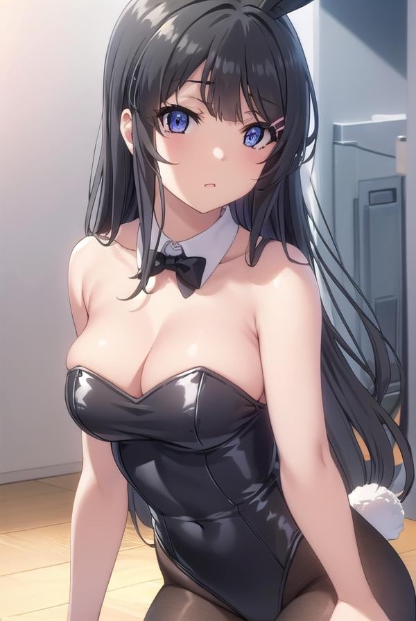 maisakurajima, <lora:mai sakurajima s1-lora-nochekaiser:1>, mai sakurajima, long hair, bangs, (black hair:1.5), hair ornament, (purple eyes:1.1), hairclip, rabbit hair ornament,BREAK bow, animal ears, cleavage, bare shoulders, pantyhose, bowtie, black footwear, rabbit ears, high heels, leotard, black pantyhose, strapless, black bow, detached collar, fake animal ears, playboy bunny, black leotard, strapless leotard, thighband pantyhose, black bowtie,BREAK indoors, library,BREAK looking at viewer, (cowboy shot:1.5),BREAK <lyco:GoodHands-beta2:1>, (masterpiece:1.2), best quality, high resolution, unity 8k wallpaper, (illustration:0.8), (beautiful detailed eyes:1.6), extremely detailed face, perfect lighting, extremely detailed CG, (perfect hands, perfect anatomy),