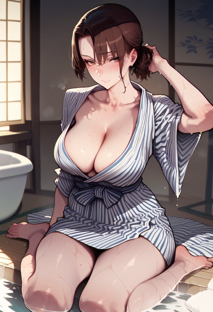 score_9, score_8_up, score_7_up, score_6_up, source_anime, <lora:WAW 0.2v:0.85>, WAW, curvy, curves, curvy body,1girl, solo, breasts, sitting, brown hair, cleavage, barefoot, japanese clothes, blush, yukata, kimono, bath yukata, indoors, brown eyes, towel, medium breasts, collarbone, bangs, closed mouth, short ponytail, sweat, bare legs, looking at viewer, arm up, ponytail, wet, yellow background, indoors,