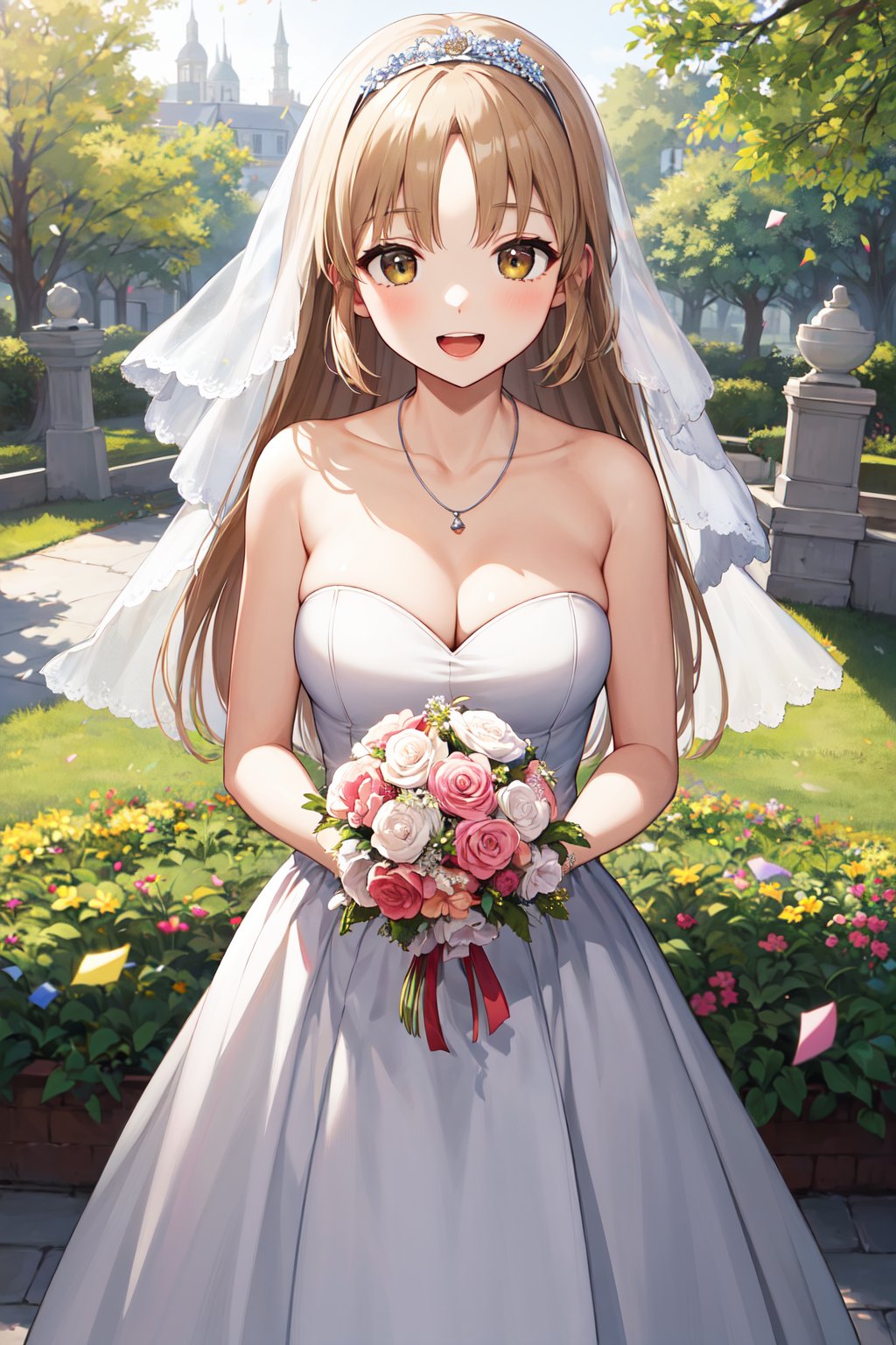 masterpiece, best quality, highres, aasister, long hair, <lora:sister_cleaire_v2:0.7>, wedding dress, white dress, necklace, strapless, cleavage, garden, standing, cowboy shot, holding bouquet, smile, open mouth, confetti,