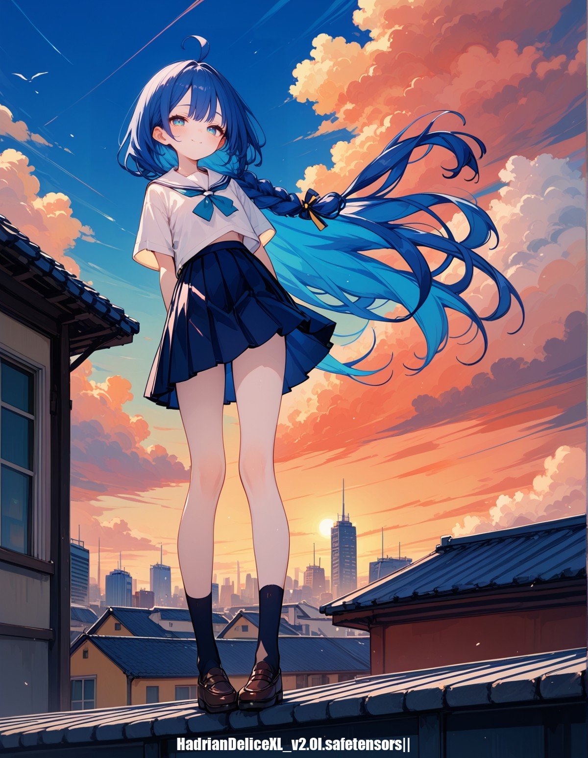 score_9,score_8_up,score_7_up,score_6_up, hadrian, highres,1 thin/ skinny/ very long hair/ (pale skin)/ body blush/  student teenage,ahoge,braid,blue hair,  roof,school,cityscape, horizon,cloudy sky, small hair,from below,pleated skirt, light smile, arms behind back, sunset,closed mouth, half-closed eyes,