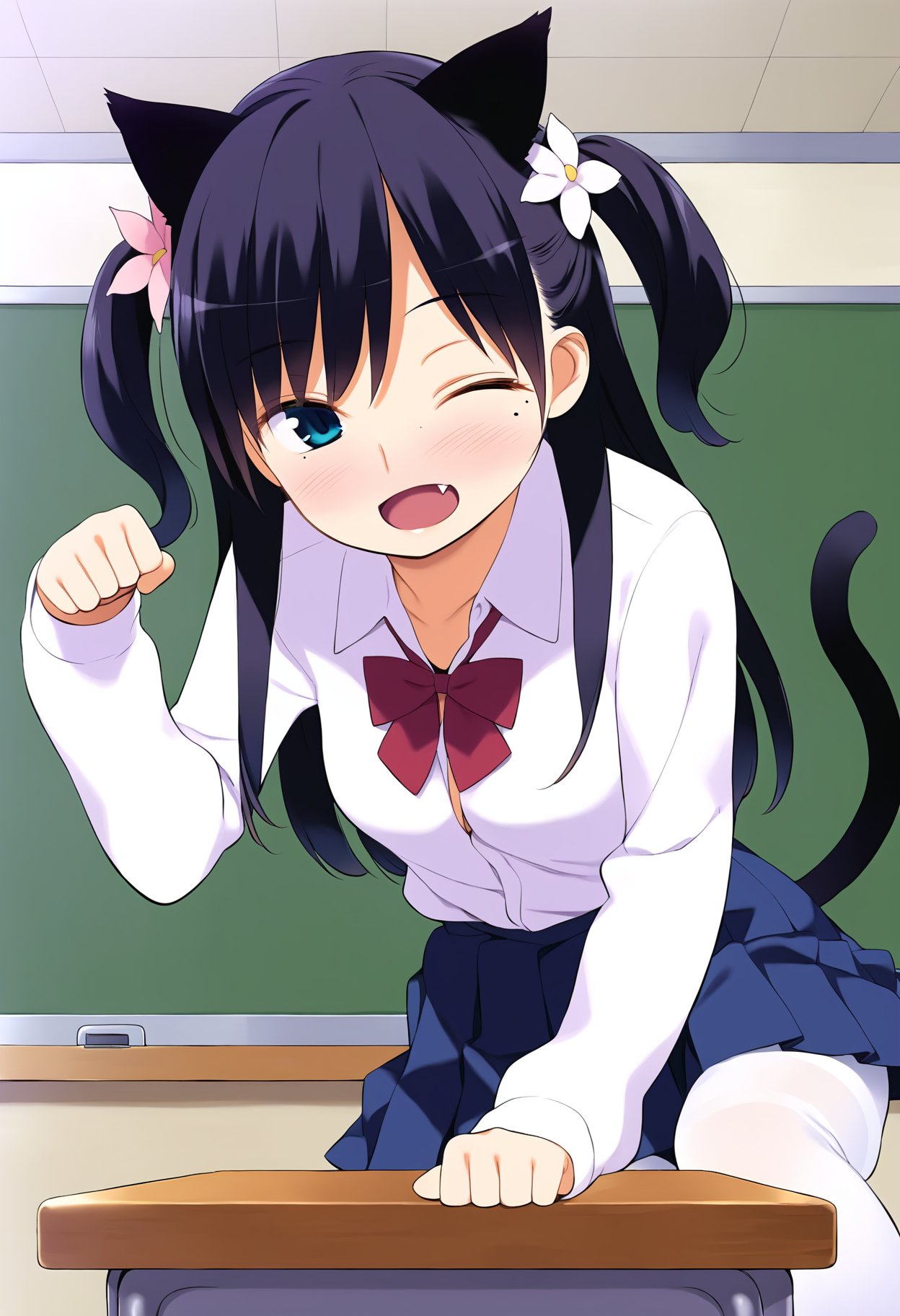 score_9, best quality, masterpiece, uncensored, source_anime, by nora higumaBREAK1girl, :o, black hair, blush, female focus, flower, hair flower, hair ornament, long hair, looking at viewer, mole, mole under eye, one eye closed, cat tail, cat ears, cat girl, sleeves past wrists, solo, two side up, classroom, white pantyhose, pleated skirt, sitting on desk, fang out, paw pose<lora:nora_higuma_pony_v2:1>