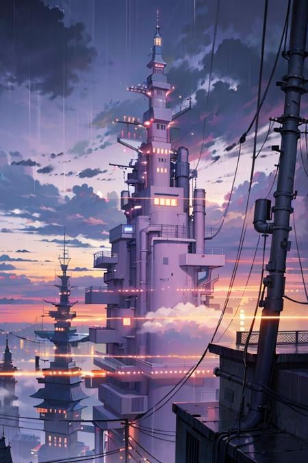 lanscape, amegakure  buildings, towers, dawn, cables, heavy rain, purple sky cloud, pipes, electricity, fog, cloudy sky, anime style, ghibli style,  ray of lights, <lora:ARWAmegakure:1>