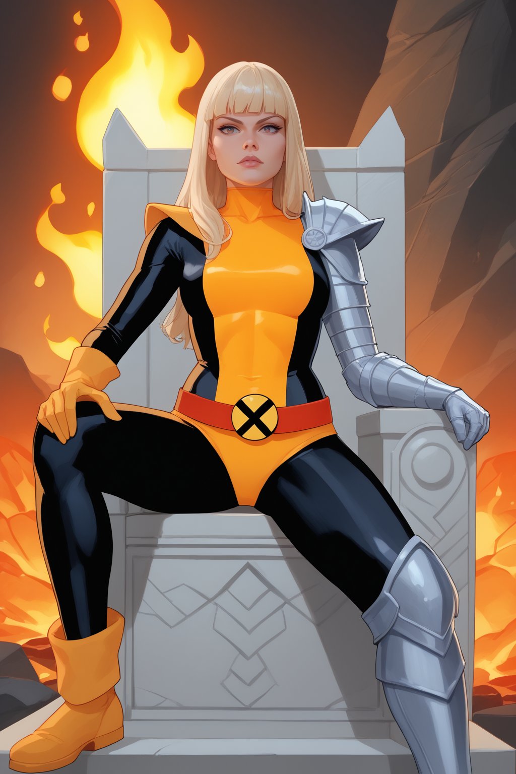 score_9, score_8_up, score_7_up, masterpiece, high quality <lora:Magik ClassicPonyLoRA:1> mgik, long hair, bangs, single gauntlet, bodysuit, single glove, shoulder armor, belt, asymmetrical legwear, hands on hips, confident, in hell, limbo, flammes, fire, molten lava, rock, sitting on a throne, 