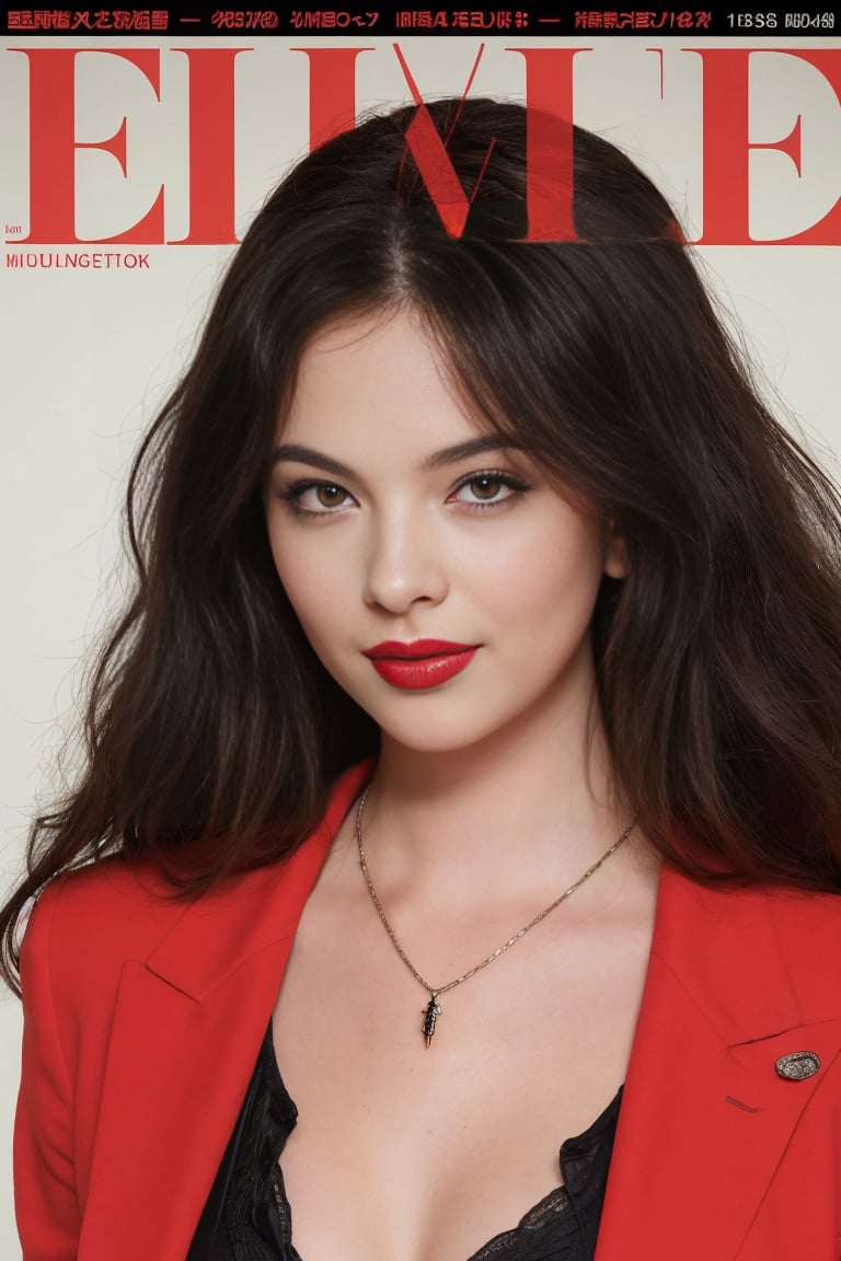 magazine cover, (masterpiece,best quality:1.2), high detailed,realistic,black hair, messy hair, brown eyes, d3vac 1girl, long hair, looking at viewer, necklace, parted lips, portrait, realistic, red lips, solo, upper body, sexy smile,by Ellen von Unwerth, high fashion, trendy, stylish, editorial, magazine style, professional, highly detailed, Nikon d3300<lora:DevaCasselMergedSD_v1.0:1><lora:DevaCasselMergedSD_v1.0:1>