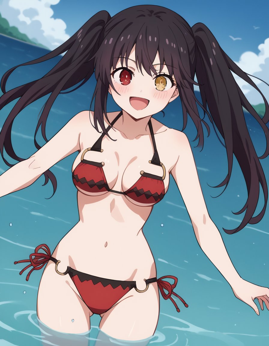 score_9, score_8_up, score_7_up, source_anime, kurumitokisaki, <lora:kurumi-tokisaki-s4s5-ponyxl-lora-nochekaiser:1>, kurumi tokisaki, black hair, red eyes, long hair, twintails, yellow eyes, heterochromia, clock eyes, medium breasts,, <lora:florida-bikini-ponyxl-lora-nochekaiser:1>, florida bikini, bikini, swimsuit,, ocean, submerged, water, blush, smile, open mouth,, cowboy shot, dutch angle,