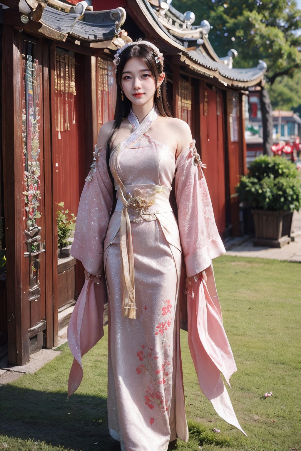 CAFC,1girl,solo,long hair,clothes,earrings,jewelry,hair accessories,full body,suburban scenery,east asian,chinese style architecture,