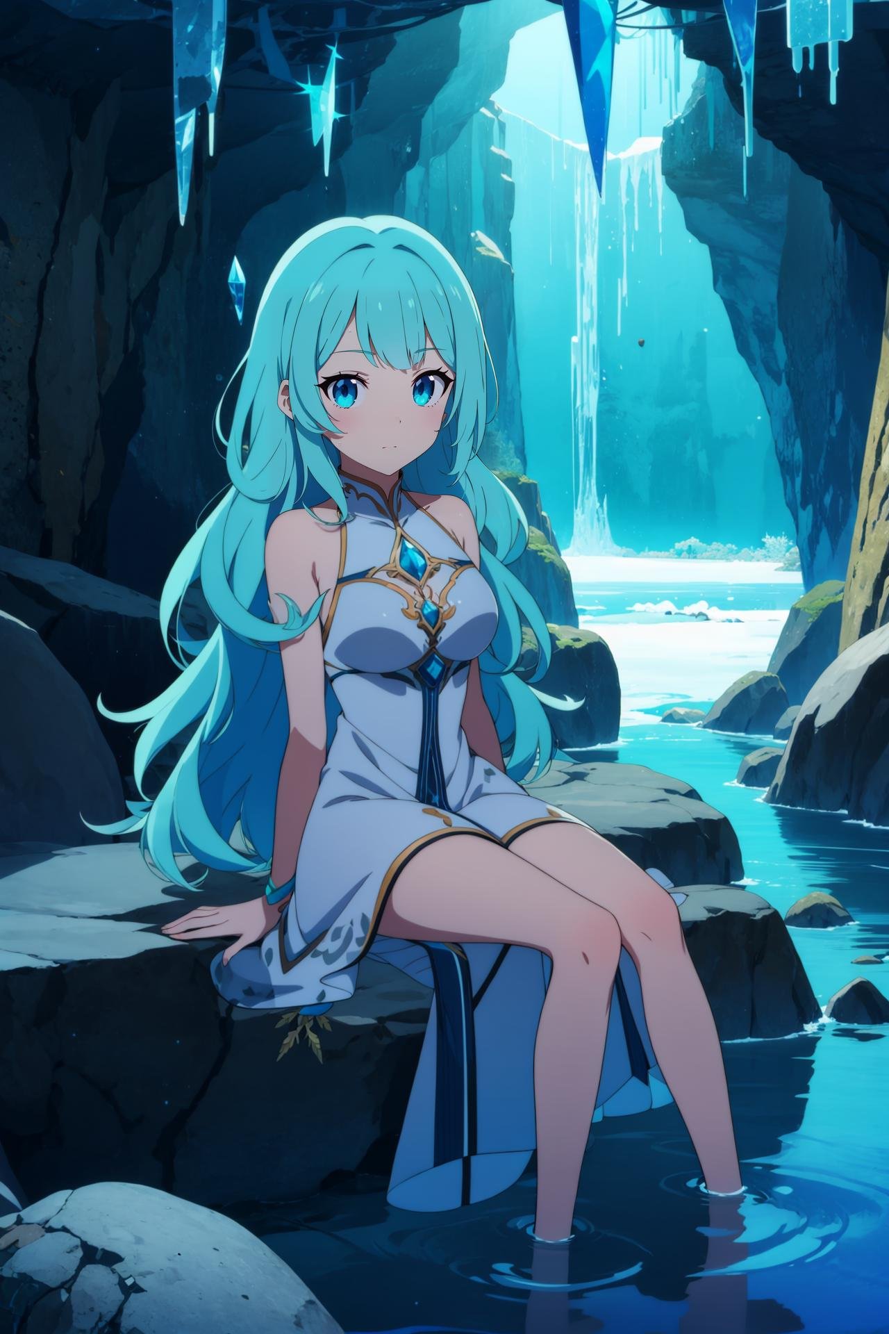 1girl,cave,crystal,crystal_cave,gem, frozen lake, underground,anime screencap, looking at viewer, dress,,stalactite,stalagmite,sitting,blue_hair,long_hair,upper body, breasts,water,vivid_colors,iridescent, emerald,ruby,sapphire, anime_coloring,anime_keyvisual, colorful,vivid<lora:envybetterhandsLocon_beta2:1>