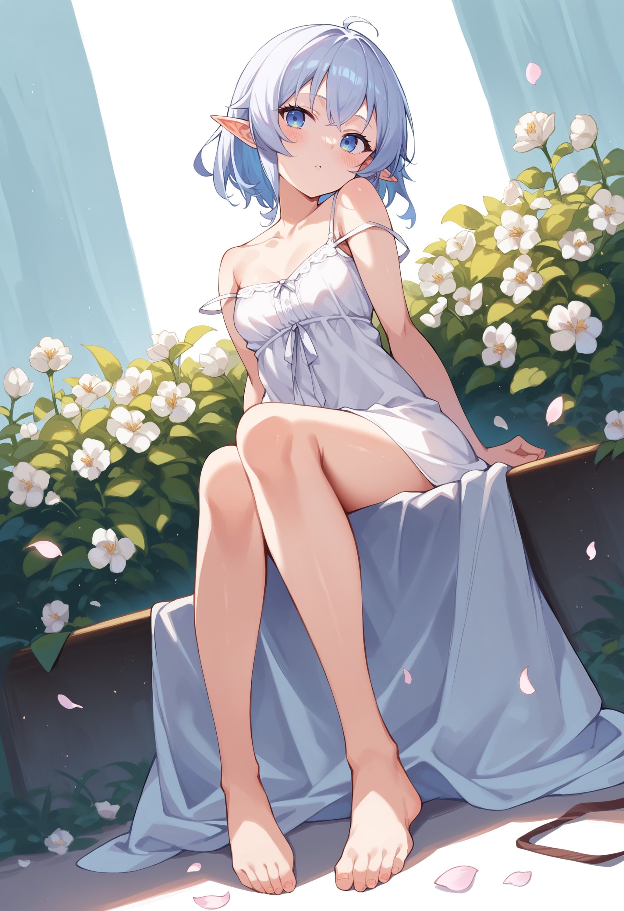 score_9, score_8_up, score_7_up, score_6_up, source anime,eihplyspnxl, sylphiette \(mushoku tensei\), 1girl, pointy ears, solo, flower, looking at viewer, elf, sitting, short hair, small breasts, strap slip, white flower, parted lips, white camisole, seiza, bare shoulders, petals, blush, bottomless, full body, from below , masterpeice, best quality, very aesthetic, absurdres