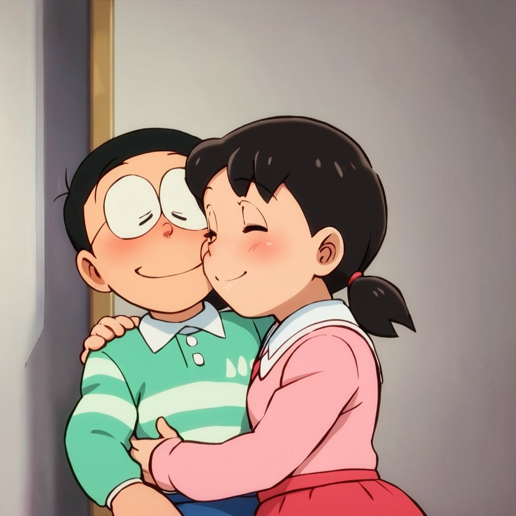 score_9, score_8_up, score_7_up, score_6_up, score_5_up, score_4_up, source_anime, (nobi nobita), (couple, hetero, 2person), 1girl, 1boy, hug, smile, blush, closed eyes, minamoto shizuka, low twintails, masterpiece, best quality,<lora:minamoto shizuka and nobita autism:1> 