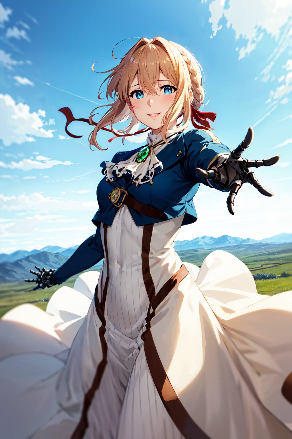 masterpiece, best quality, highres, violet evergarden, braid, hair ribbon, red ribbon, jewelry, white ascot, brooch, blue jacket, long sleeves, mechanical hands, white dress, long dress, <lora:violet_evergarden_v1:0.7>, (reaching out:1.2), outstretched arm, wind, smile, standing, cowboy shot, outdoors