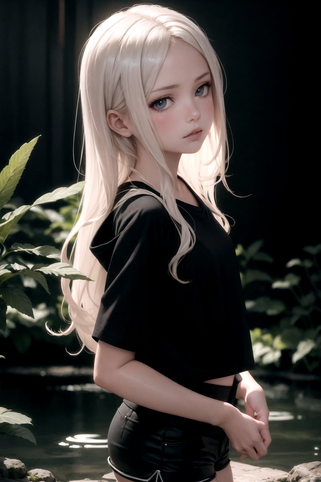 beautiful young girl, long wavy white blonde hair, rosa shirt, black shorts, dark cyberpunk background, looks like a japanese garden, hyperrealistic, 8k, dark fantasy, moody