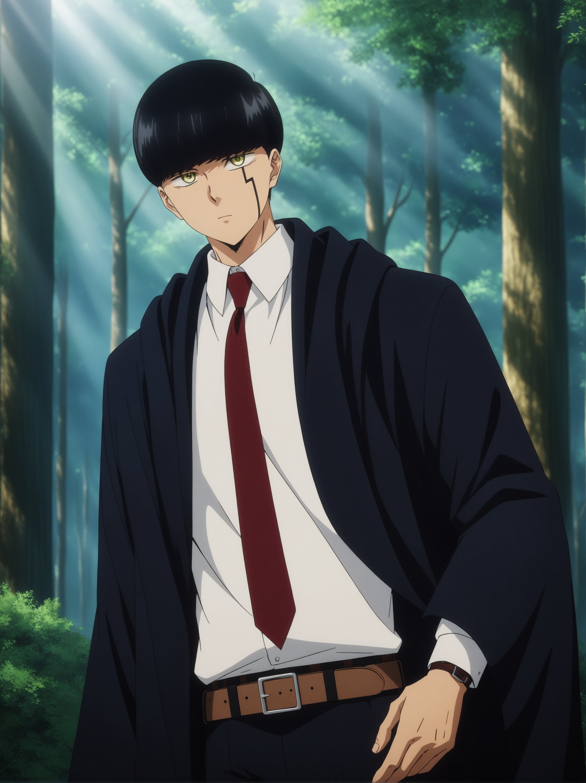 masterpiece, best quality, very aesthetic, ultra detailed, intricate details, 4k, anime style,mashleai, 1boy, solo, male focus, bangs, black hair, yellow eyes, bowl cut,shirt, long sleeves, white shirt, necktie, collared shirt, belt, pants, formal, suit, red necktie, cloak, black cloak, wide sleeves, mashle, upper body, looking at viewer, forest, outdoors, tree, sunlight, cloudy, <lora:Mashle_XL:1>