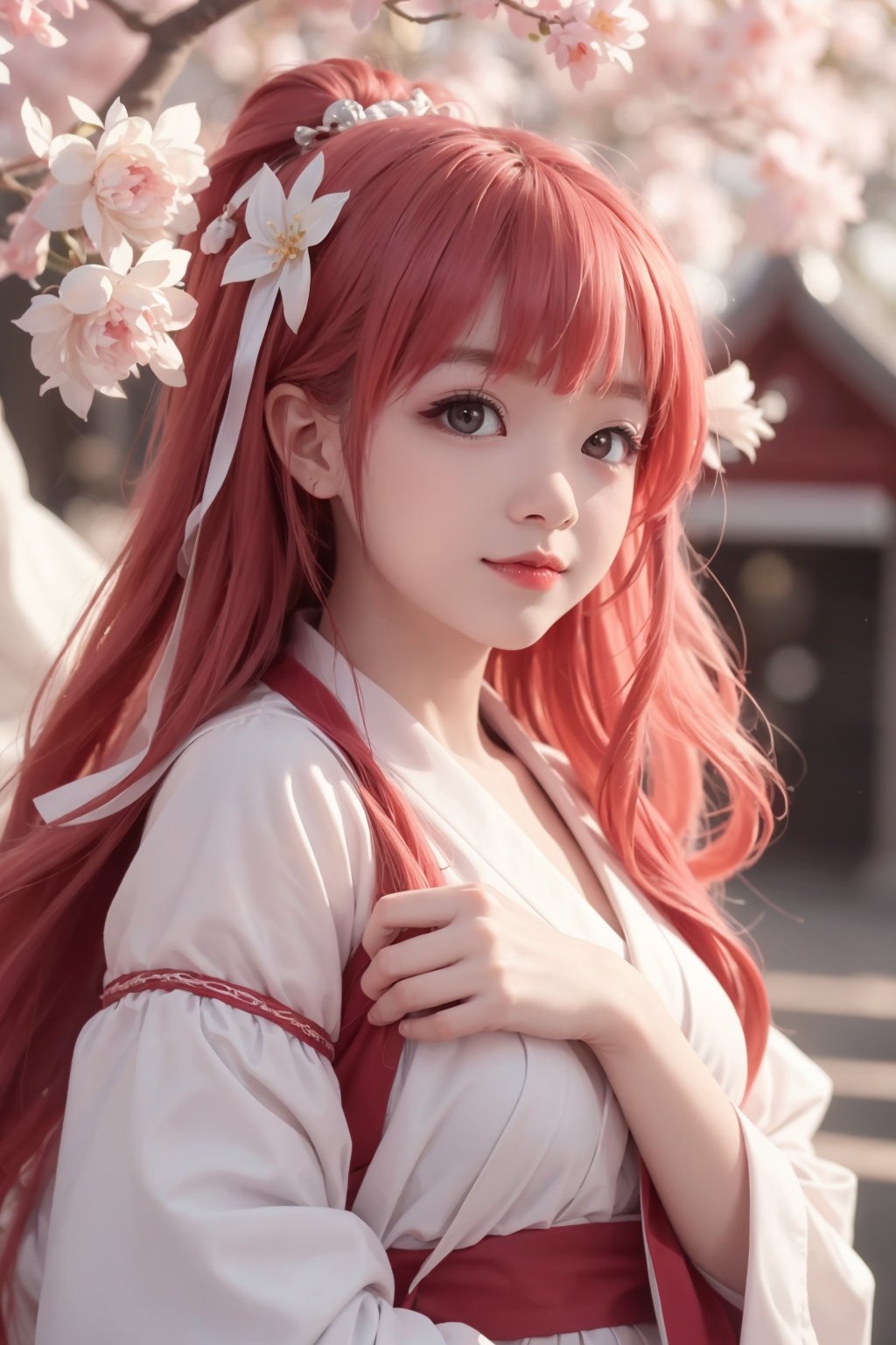 1girl,detached sleeves,pink hair,long hair,best quality,(photorealistic:1.2),(hair ornament:1.35),cherry blossoms,( white shrine maiden),depth of field,detailed face,face focus,(looking at viewer:1.25),shiny skin,long sleeves,red sleeves,smile game cg,blurry background,half body,((right hand to mouth,finger touch lip)),