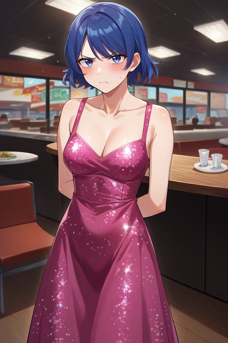 score_9, score_8_up, score_7_up, BREAK, 1girl, solo, breasts,  <lora:athenabl-guy-PONYv1:.9>, athenabl, dress, glitter dress, cleavage, blush, frustrated, arms behind back, indoors, restaurant, looking at viewer, 