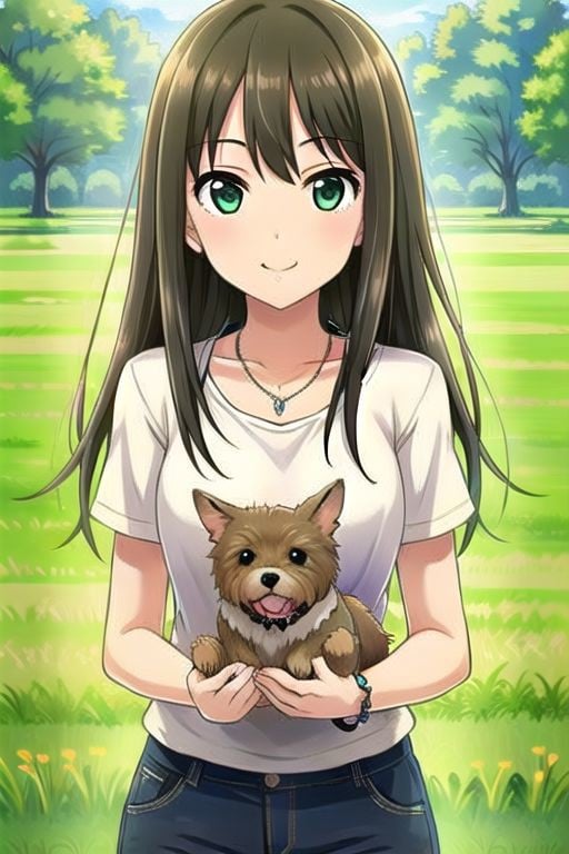 (masterpiece), shibuya rin, long hair, brown hair, green eyes, 1girl, jewelry, solo, bracelet, outdoors, grass, dog, shirt, smile, necklace