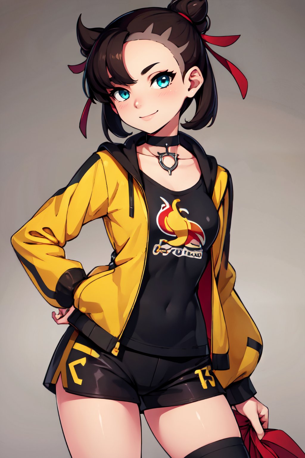 ((masterpiece,best quality)), absurdres,  BREAK, , <lora:MarnieGloriaSD_v1:0.8>,  zzMarnie, aqua eyes, black choker, red ribbon,  gloriaDojo, yellow jacket, black shirt, black shorts, knee pads,  short hair, single hair bun, collarbone,, BREAK, hip to the side, contrapposto,, BREAK, solo, smile, looking at viewer, cowboy shot,