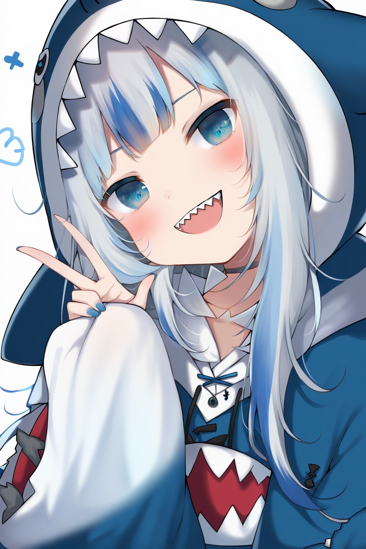 <lora:maoyubian_PONY:1>,1girl,virtual youtuber,hood,blue eyes,gawr gura,sharp teeth,bloop (gawr gura),teeth,smile,grey hair,multicolored hair,:d,blue hoodie,blue hair,white background,long sleeves,shark hood,streaked hair,open mouth,animal hood,bangs,sleeves past wrists,blue nails,looking at viewer,v,hand up,hoodie,blush,drawstring,hood up,nail polish,solo,simple background,upper body,long hair,wide sleeves,