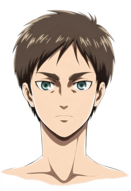 A clean, sharp drawing of Eren Yeager with very short brown hair, revealing his defined facial structure. His deep blue eyes hold an unwavering focus, and his cropped hairstyle emphasizes his no-nonsense demeanor, giving him a soldier-like appearance.