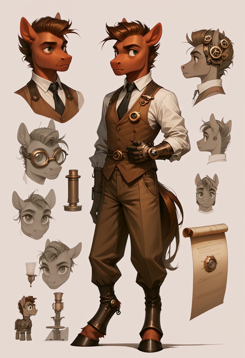 score_9, score_8_up, score_7_up,a (steampunk mechanical pony) reference sheet,scroll, animal focus,mammal,anthro,english text,sketch, <lora:Steampunk_Pony:1>