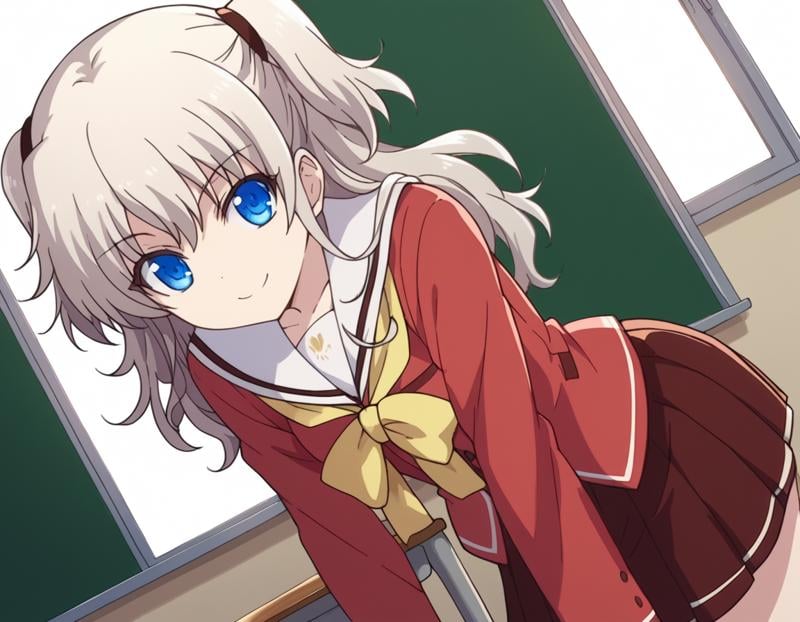 score_9, score_8_up, score_7_up, source_anime,naotomori, <lora:nao-tomori-s1-ponyxl-lora-nochekaiser:1>,nao tomori, long hair, blue eyes, two side up,school uniform, serafuku, long sleeves, red blazer, red skirt, pleated skirt, white sailor collar,indoors, classroom, bent over, smile,looking at viewer, cowboy shot, solo, dutch angle,