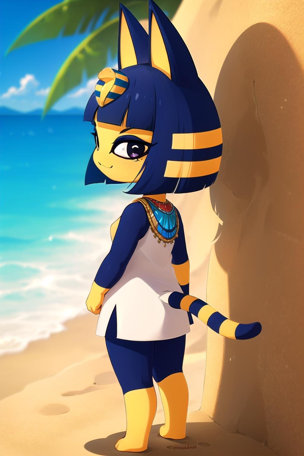 absurdres, highres, ultra detailed, <lora:AnkhaaaV1.3-000012:0.8>, ankha, solo, catgirl, petite, blue hair, hair ornament, yellow skin, black eyes, eyeliner, eyeshadow, white dress, standing, from behind, looking at viewer, smirk, outdoors, sand, egyptian