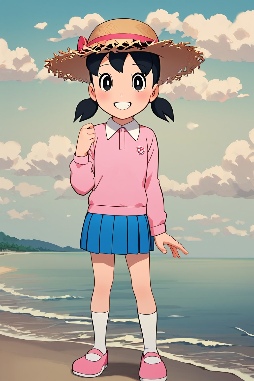 score_9, score_8_up, score_7_up, score_6_up, score_5_up, score_4_up, source_anime,minamoto sizuka,1girl, outdoors, hat, solo, skirt, twintails, black hair, socks, sky, shirt, blue skirt, beach, smile, day, cloud, shoes, black eyes, pink footwear, ocean, white socks, looking at viewer, long sleeves, pink shirt, blue sky, standing, full body, pleated skirt, bright pupils, short twintails, water, child, white pupils, collared shirt, blush, grin, straw hat, sun hat, hand up, low twintails,masterpiece, perfect face, best quality, beautiful girl, cute girl, beautiful eyes, shiny eyes, anime coloring, anime screencap, absurdres, award winning, full body, <lora:minamoto shizuka dskb 920:1>