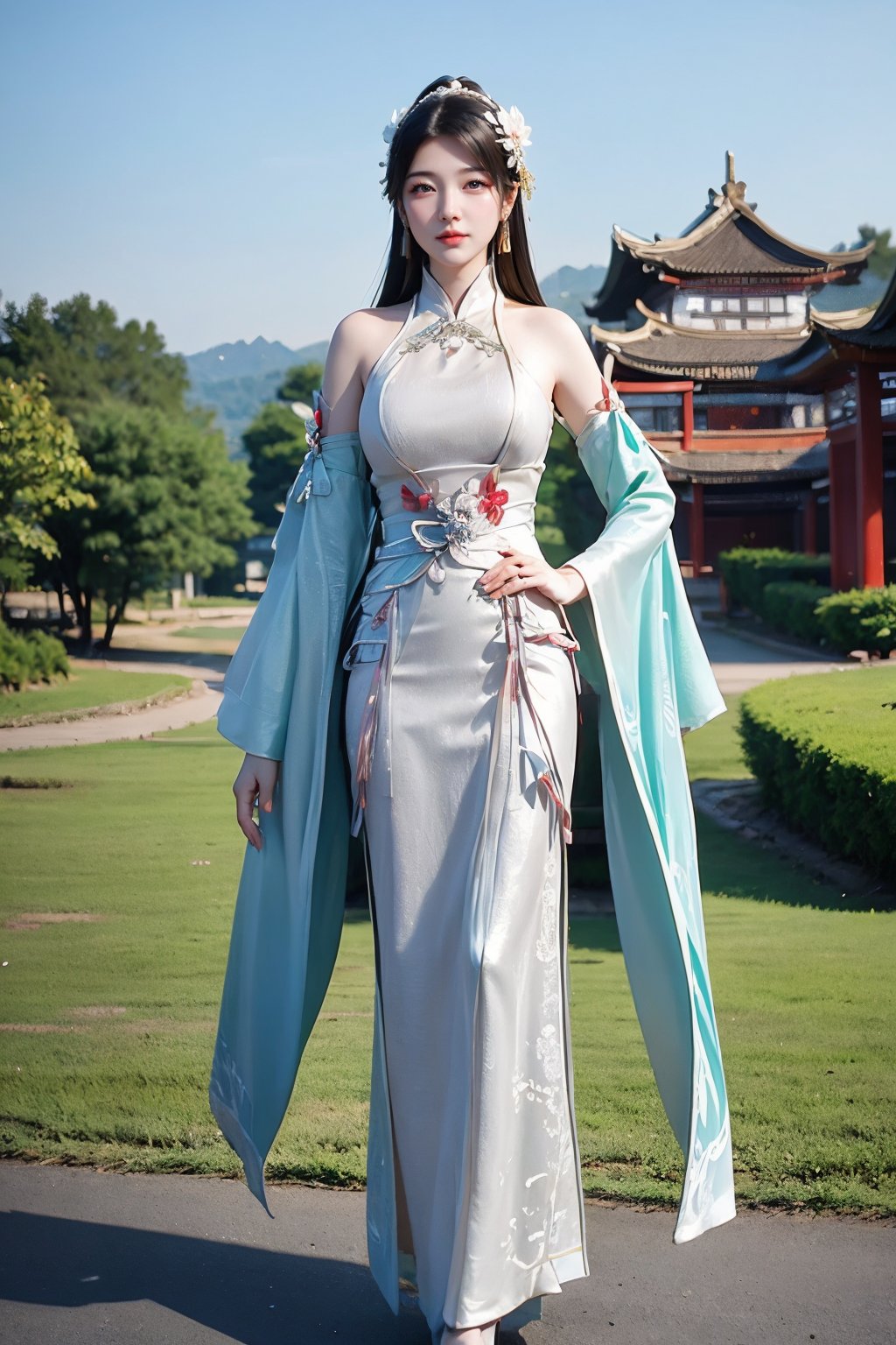 CAFC,1girl,solo,long hair,earrings,jewelry,hair accessories,full body,suburban scenery,east asian,chinese style architecture,<lora:NSFWFilter:-1.5>,