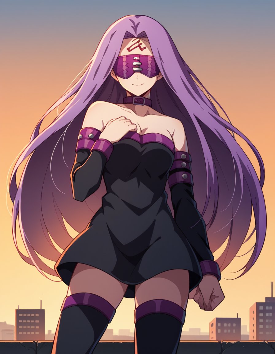 score_9, score_8_up, score_7_up, source_anime, <lora:medusa-rider-hf-movie-ponyxl-lora-nochekaiser:1>, medusa rider, long hair, very long hair, purple hair,, facial mark, forehead mark, thighhighs, dress, cleavage, bare shoulders, detached sleeves, black dress, collar, strapless, strapless dress, blindfold,, rooftop, sunset, cityscape, quiet moment, wind blowing, contemplative, smile, , arm across chest, knee forward, hand clenched, solo,, cowboy shot, dutch angle