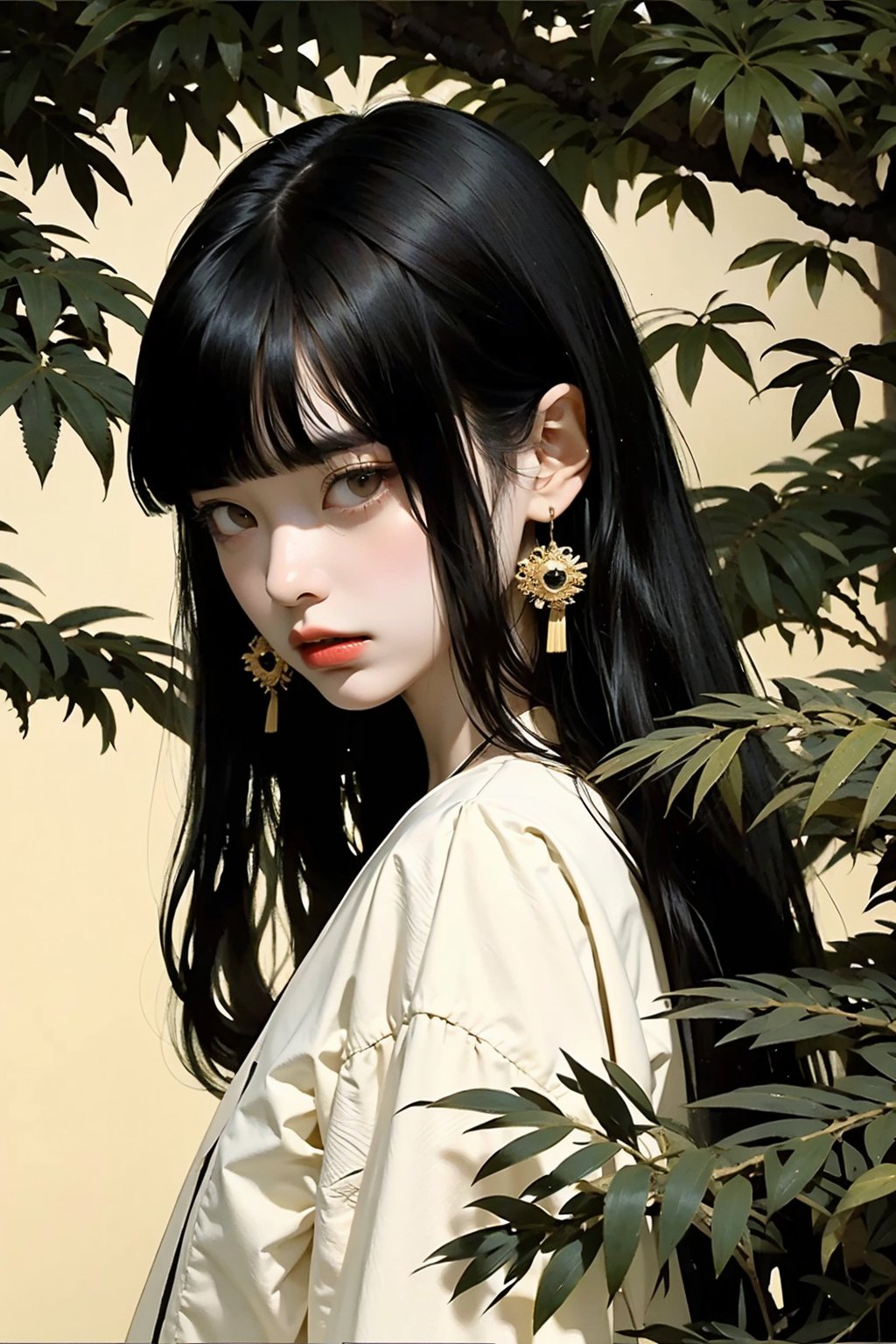 1girl,solo,(hime cut:1.2),(blunt bangs:1.2),black hair,bangs,jewelry,long hair,earrings,blunt bangs,looking at viewer,japanese clothes,upper body,closed mouth,branch,brown eyes,red lips,plant,makeup,nail polish,<lora:linhe fuheigongzhuqie_20231018110238:0.7>,