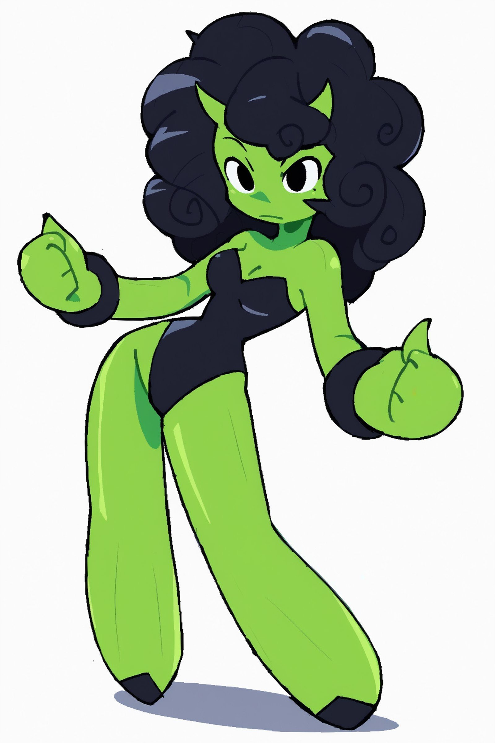 white background, standing, 1girl, black hair, curly hair, shiny hair, green skin, horns, strapless leotard, dynamic pose, <lora:bacun_style:1>