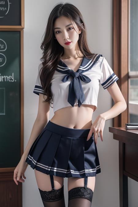 ltra-detailed,highly detailed,best quality,masterpiece,illustration,realistic,photorealistic,qingquxiaofu, solo, 1girl,school uniform, serafuku, midriff, crop top, pleated skirt,miniskirt, zettai ryouiki, lace-trimmed legwear,long hair, looking at viewer, standing, <lora:qingquxiaofu_v1_03:0.7>