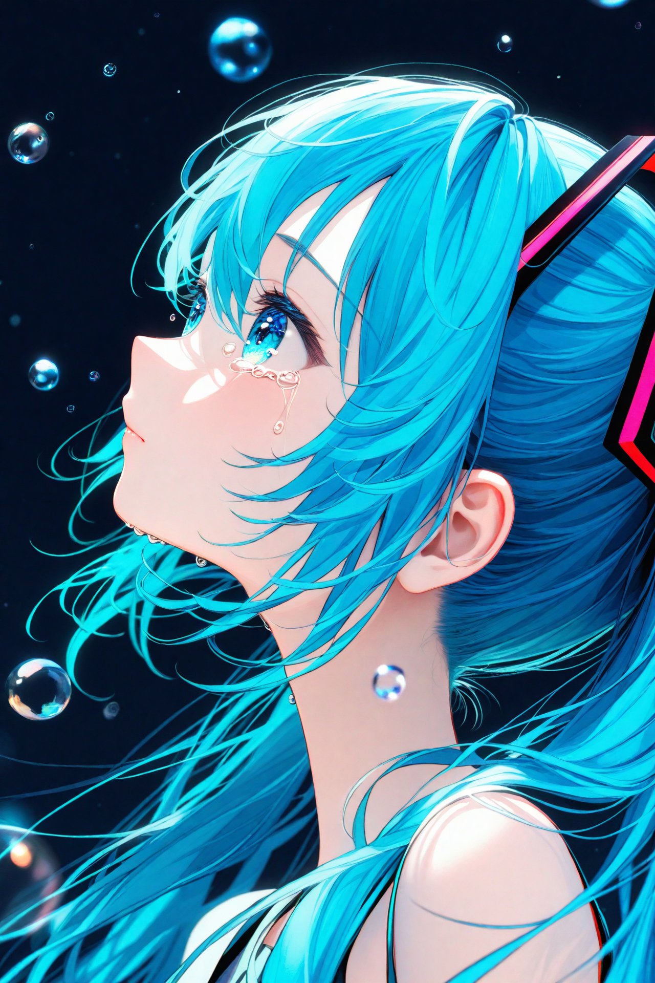 (masterpiece),(best quality),illustration,ultra detailed,hdr,Depth of field,(colorful),nai3 Style,1girl,solo,hatsune miku,long hair,twintails,tears,from side,profile,crying,bare shoulders,aqua eyes,bubble,portrait,blue hair,hair ornament,crying with eyes open,blurry,blue eyes,aqua hair,hair between eyes,water drop,closed mouth,sleeveless,upper body,