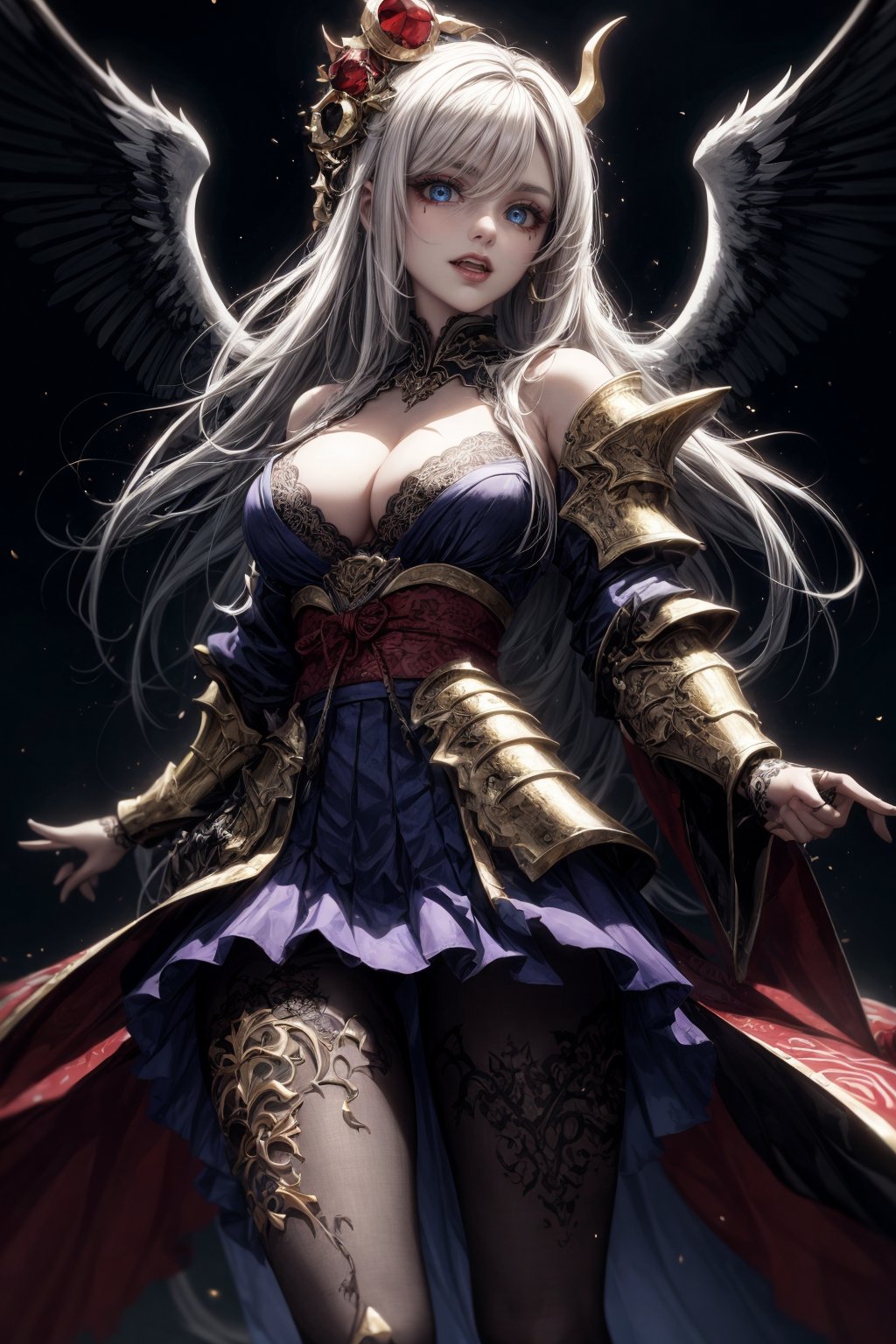 Masterpiece,  Top Quality,  High Resolution)),  8k,  Breach. Cruel,  cosmic fallen angel demon,  cruel,  evil,  detailed eyes:1.3,  Breach,  detailed face:1.3,  accessories,  (full body tribal tattoos),  ((super detailed armored kimono and white lace skirt)),  ((upskirt)),  ((cute pantyhose figure)),  detailed pantyhose figure,  D cup cleavage,  Breach,  creature Luminescent,  Creepy,  Re, .HELL SENT,  very bright colors,  light particles:1.2,  shining light,  Mshiff,  wallpaper art,  inorganic life form,  inorganic thing made of gold and red and white,  UHD wallpaper,  cowboy shot,  evil glow,  evil laugh,  Kiana Kasrana,  YAMATO,  rolopekka,  noelledef,  outfit-km,  purple dress,  yaemikodef,  monadef,  kamisatoyakadef,  alexia_olis,  arlecchino,  phlg,<lora:EMS-179-EMS:0.500000>,<lora:EMS-1093-EMS:0.200000>,<lora:EMS-63140-EMS:0.200000>