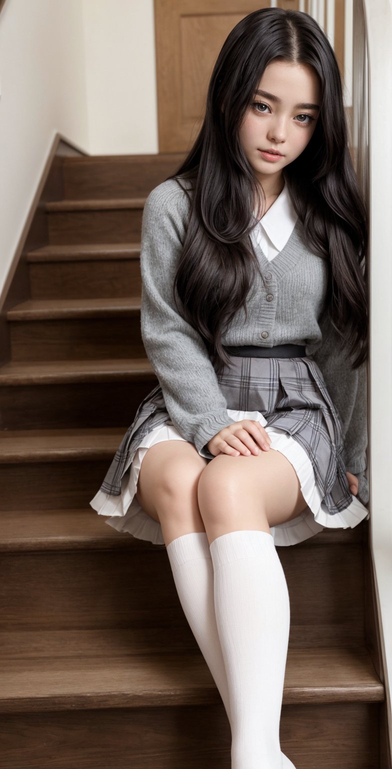 A serene scene unfolds as a beautiful girl with long, raven-black hair and a hint of chestnut-brown tresses cascading down her back, sits elegantly on the stairs, clad in a crisp school uniform. Her pleated skirt, reminiscent of Japanese serafuku fashion, falls to just above her knees, showcasing her toned thighs. White kneehigh socks add a touch of innocence, as she gazes intently at something off-camera, her expression a perfect blend of contemplation and curiosity.,thigh garter,ADD DETAIL<lora:EMS-263-EMS:0.600000>, <lora:EMS-179-EMS:0.500000>, <lora:EMS-401307-EMS:0.800000>