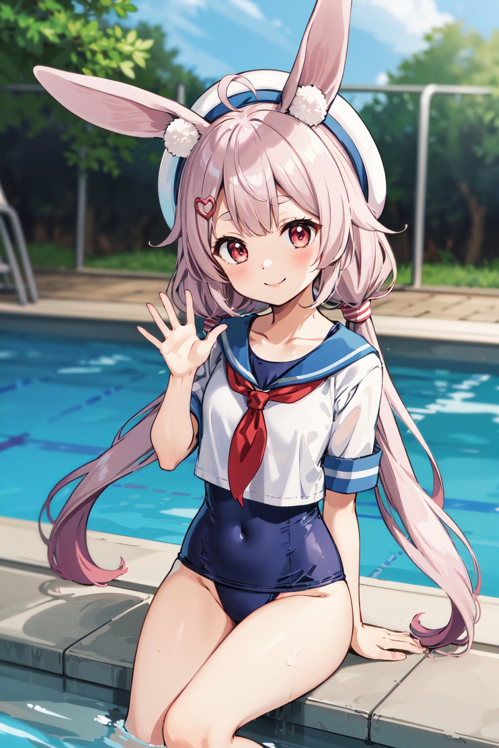 masterpiece, best quality, highres, bbtomari, long hair, low twintails, ahoge, rabbit ears, animal ear fluff, white headwear, hairclip, serafuku, red neckerchief, white shirt, swimsuit under clothes, school swimsuit, <lora:tomari_mari_v1:0.7>, waving, smile, sitting, pool