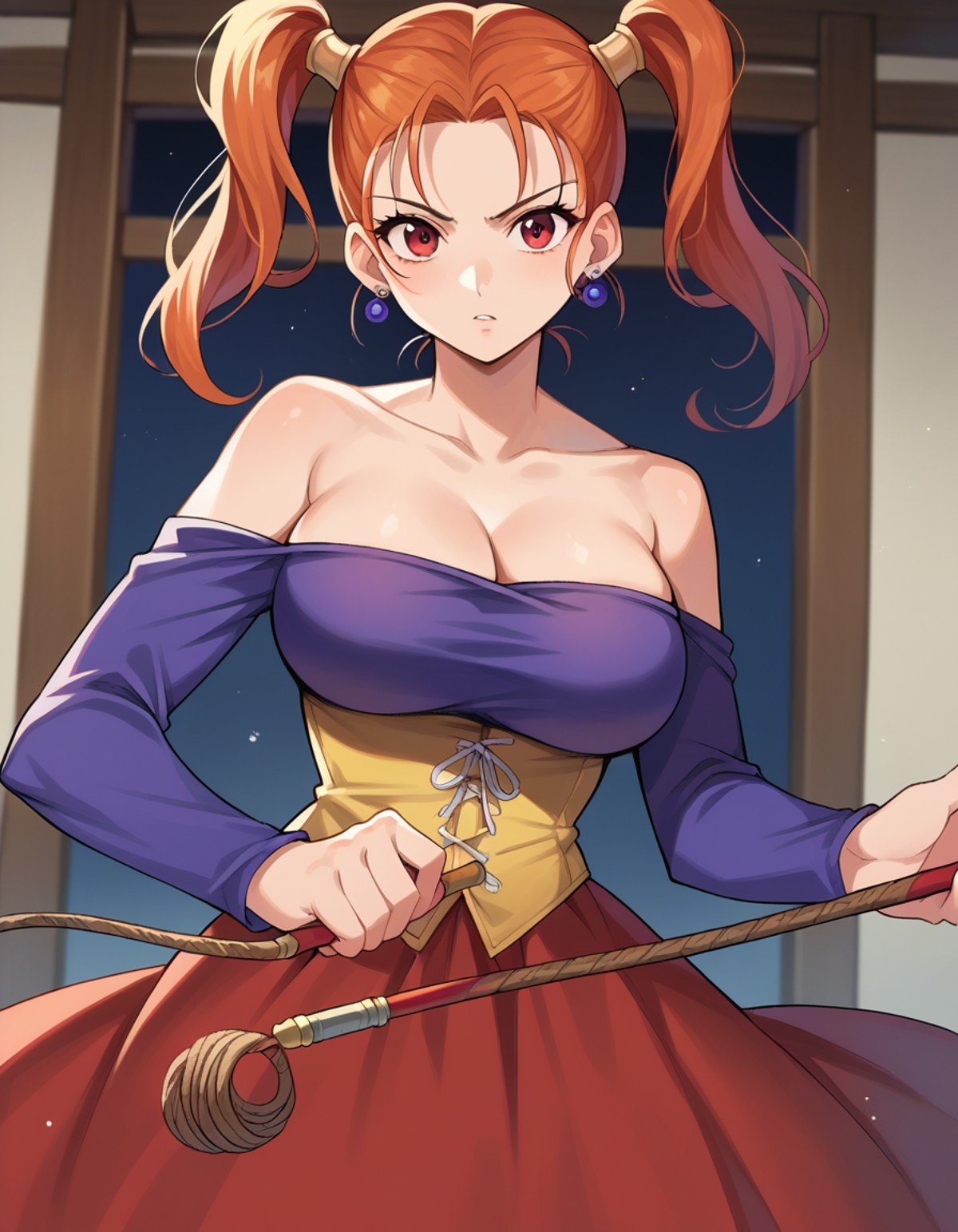 score_9, score_8_up, score_7_up, source_anime,jessicaalbert, <lora:jessica-albert-ponyxl-lora-nochekaiser:1>,jessica albert, orange hair, red eyes, twintails,bare shoulders, cleavage, dress, earrings, jewelry, off shoulder, off-shoulder dress, purple shirt, shirt, strapless, strapless dress, corset,indoors, whip, wand, fighting stance,looking at viewer, dutch angle, cowboy shot,