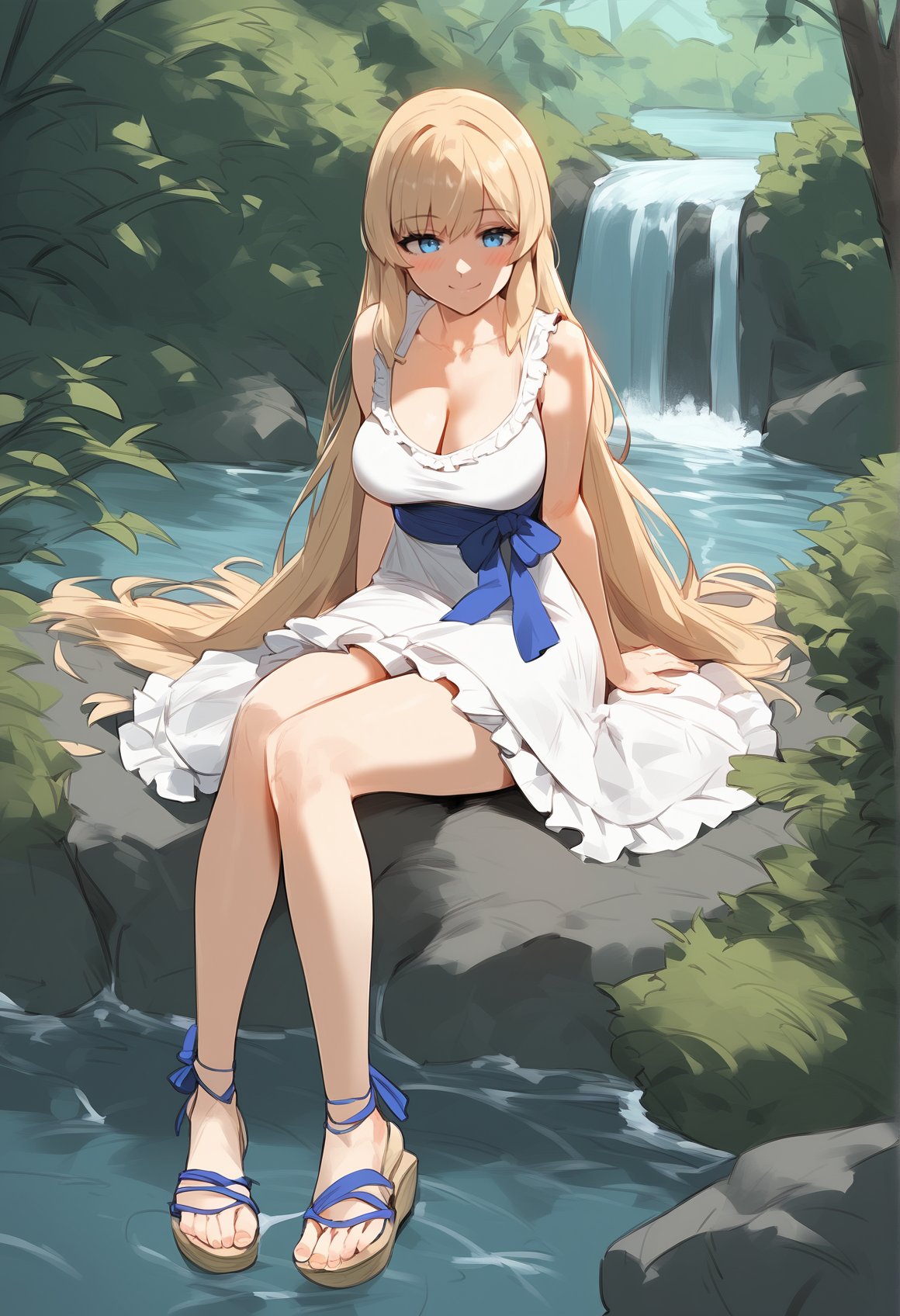 score_9, score_8_up, score_7_up, score_6_up, source_anime, <lora:CYR 0.1v:1>,1girl, solo, blonde hair, sandals, cleavage, water, dress, blue eyes, nature, sitting, outdoors, forest, waterfall, rock, white dress, smile, closed mouth, frills, medium breasts, blush, toes, full body, looking at viewer, blue ribbon, frilled dress, river, bangs, sleeveless dress, tree, sleeveless, knees together feet apart, day, collarbone, ribbon, bush, bare shoulders, very long hair