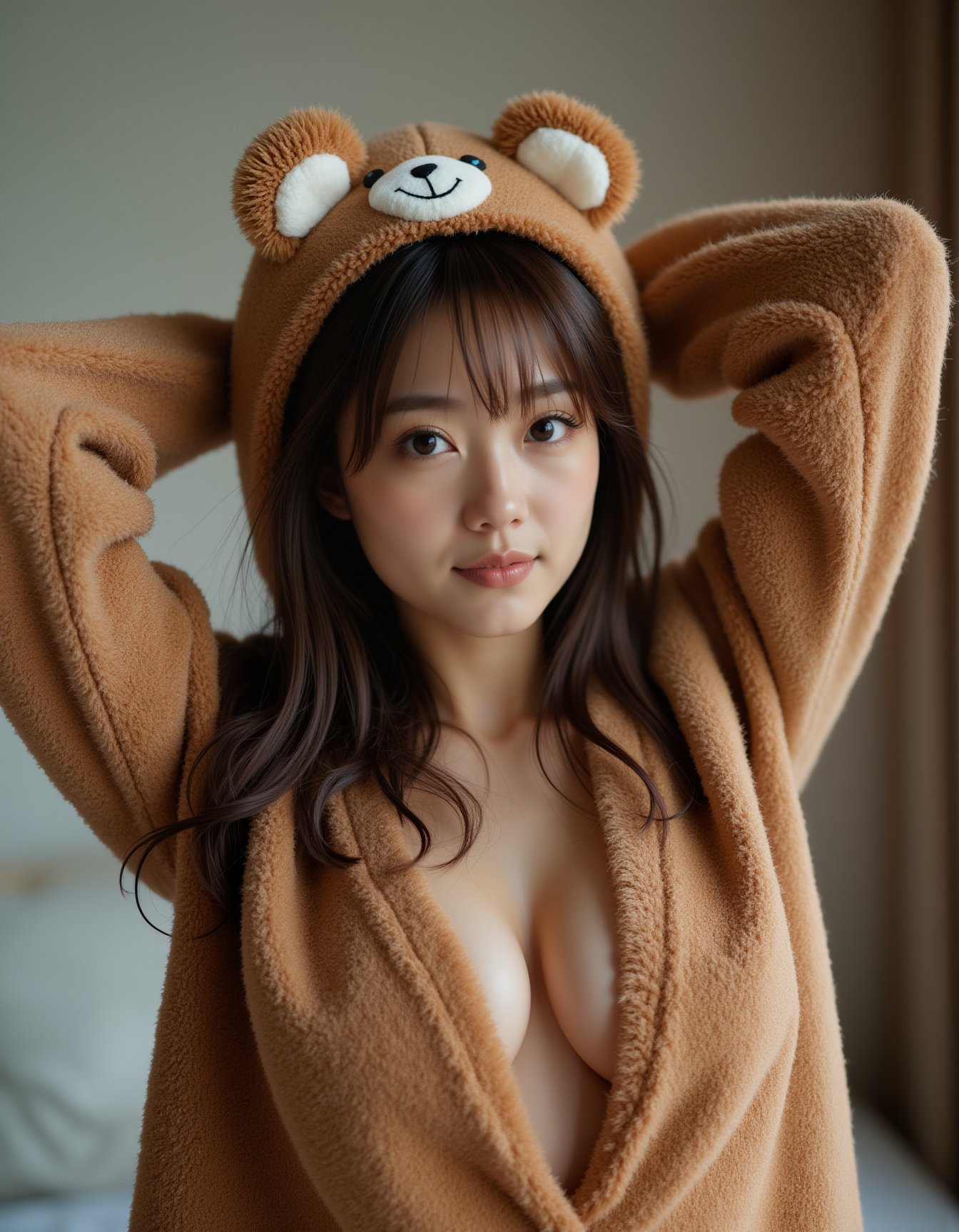 best quality, masterpiece, realism, realistic, long sweater fur-suit with bear costume, hands behind the head, cheats cutout, analogue photo of adult girl in costume, looking at viewer, long hair, extremely beautiful detailed face, medium breasts, (cute face, temptations look), eye level, professional photo, high contrast exposure, soft bokeh, high key light, hard shadow, soft bokeh, playful theme,