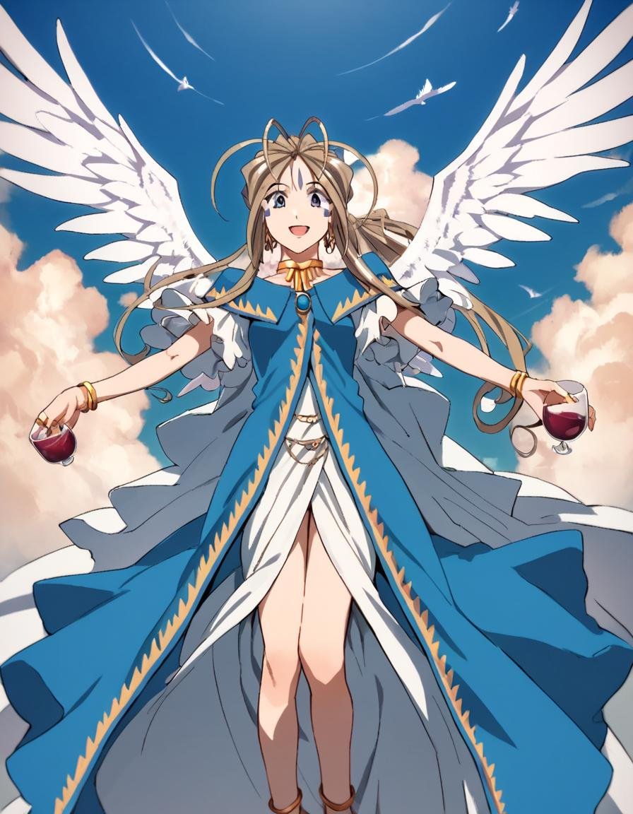 score_9, score_8_up, score_7_up, score_6_up, score_5_up, score_4_up, source_anime,  Belldandy, looking at viewer, smile, open mouth, dress, jewelry, earrings, wings, sky, choker, day, cloud, bracelet, cup, ring, outstretched arms, alcohol, drinking glass, angel wings, anklet, spread arms, wine glass, wine